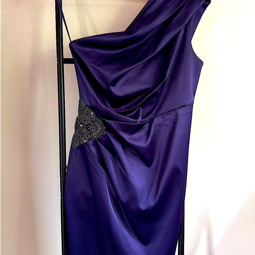 One shoulder cocktail dress in rich eggplant color.